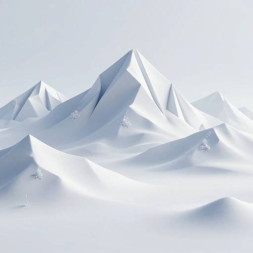 Digital artwork of abstract, white, crystalline mountains with sharp peaks and snowflakes, set against a bright, almost white background.
