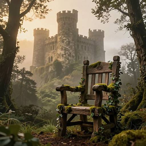 Moss-covered wooden chair in foggy forest, with ivy, in front of a medieval castle bathed in golden sunrise light. Photorealistic