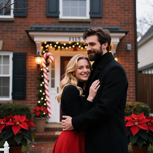 Couple Embracing in Front of Festive House