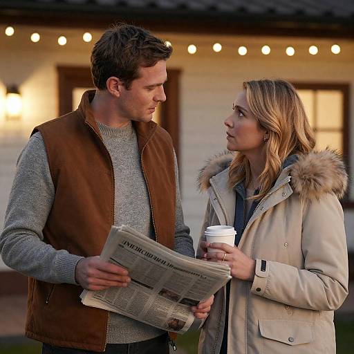 Photograph of a blonde woman in a beige coat with fur trim holding a coffee cup, standing outside and looking at a brown-vest wearing man holding