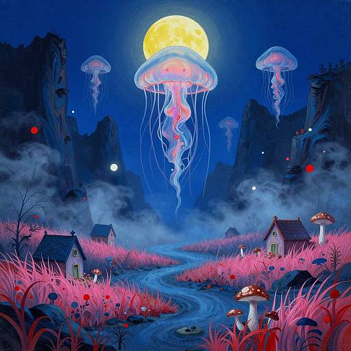 Surreal Fantasy Canyon with Bioluminescent Jellyfish
