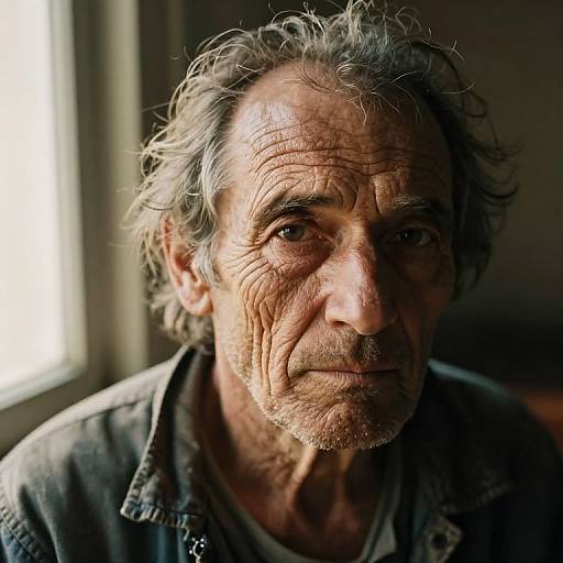 Close-up photograph of an elderly man with weathered skin, gray hair, and deep wrinkles, wearing a gray shirt, illuminated by natural light from a