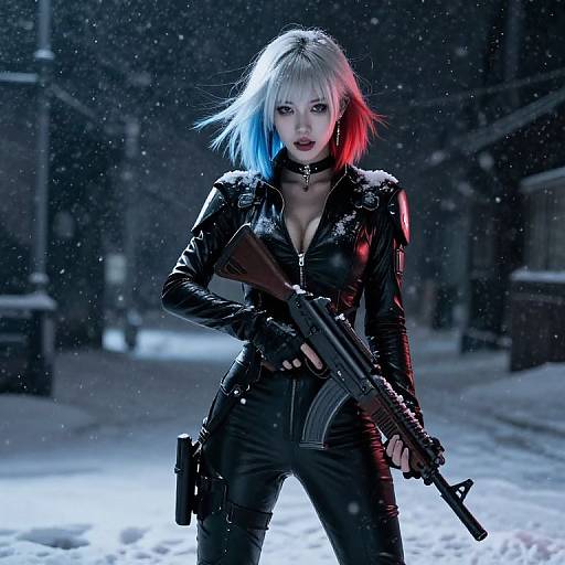 Cyberpunk Goth Female Warrior in Snowy Street