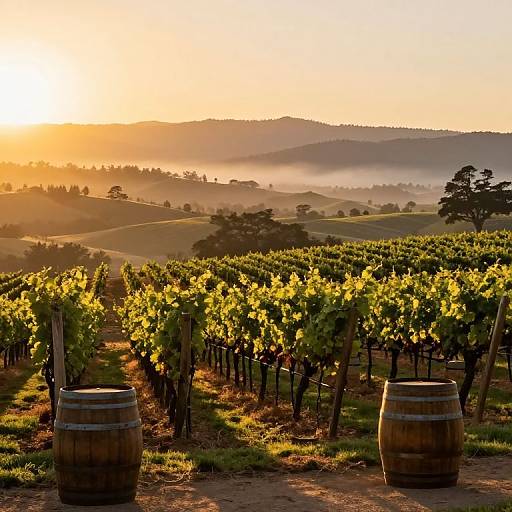Sunlit vineyard at sunrise, rows of grapevines, two wooden barrels in foreground, rolling hills in the background, golden light, misty