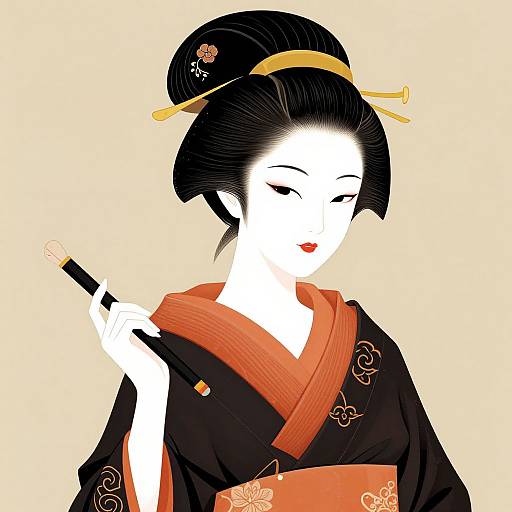 Digital illustration of a pale-skinned Japanese geisha with black hair, red lipstick, wearing a black kimono with orange accents, holding a fan,