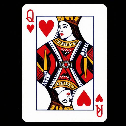 Digital illustration of a Queen of Hearts playing card with bold red, black, and white colors, featuring a crowned, regal figure.