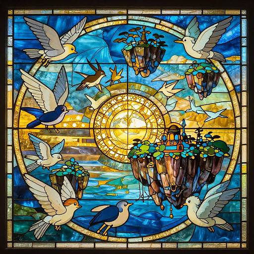 Vibrant stained glass artwork depicting white and blue birds flying around floating flower-filled islands, centered around a glowing sunburst.