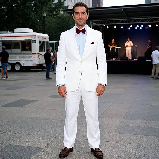 Photograph of a man in a white tuxedo with red bowtie, standing in an urban plaza, with a food truck and stage in background