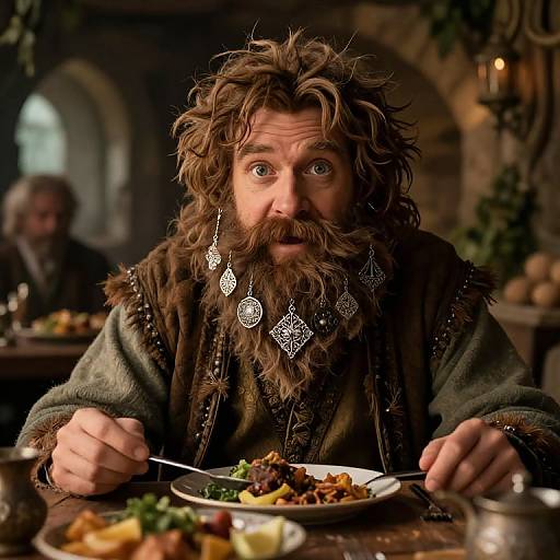 Photograph of a bearded man with curly brown hair, wearing ornate silver earrings and a fur-trimmed robe, eating at a medieval-style