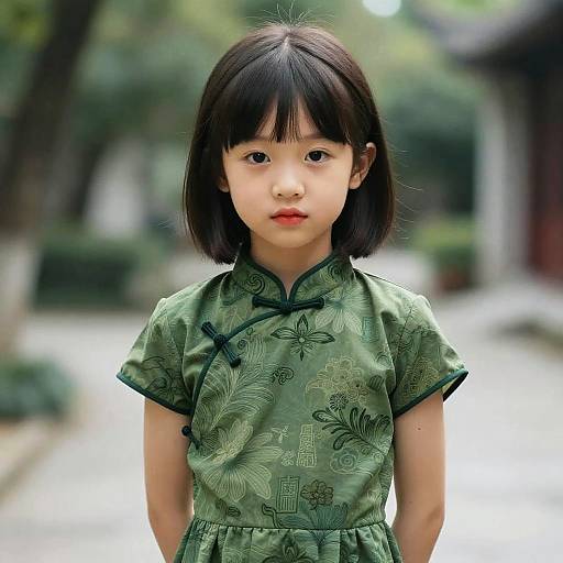 Photograph of an East Asian girl with straight black hair, wearing a green floral Chinese dress, standing on a blurred street.