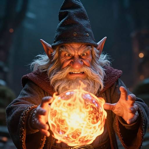 Photograph of a fierce, angry-looking wizard with a long white beard, pointed ears, and a dark hat, conjuring a glowing fireball with