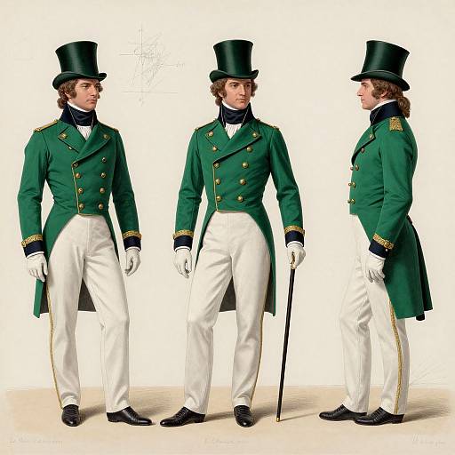 Photograph of three men in 19th-century military uniforms: green jackets, white pants, black top hats, white gloves, gold epaulet