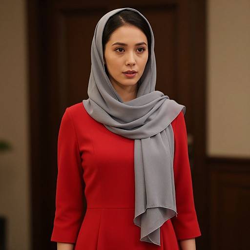Photograph of a young Asian woman with fair skin, wearing a red dress and light gray hijab, standing indoors against a blurred wooden door background.