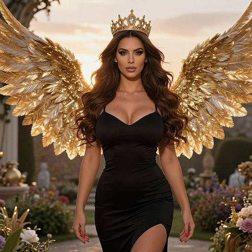 Photorealistic digital image of a statuesque woman with long brown hair, golden wings, black dress, and crown, standing in a lush garden at