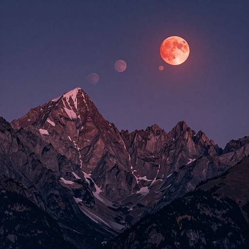 Photograph of a mountain range with snow-capped peaks under a deep blue night sky, illuminated by a large, glowing red moon and smaller lunar orbs