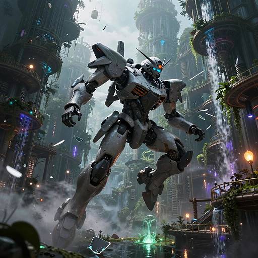 Rogue Mech Assassin Leaping Through Glass