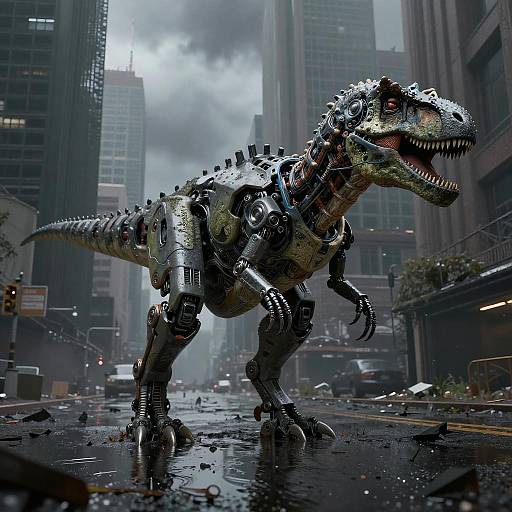 Futuristic Robotic Dinosaur in Dystopian City