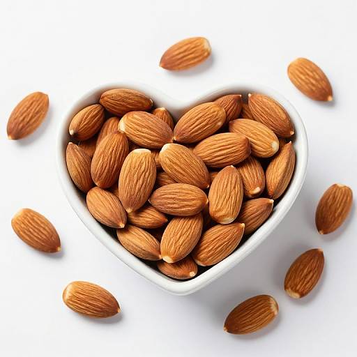 Photograph of a white heart-shaped bowl filled with brown, textured almonds, with additional almonds scattered around on a white background.