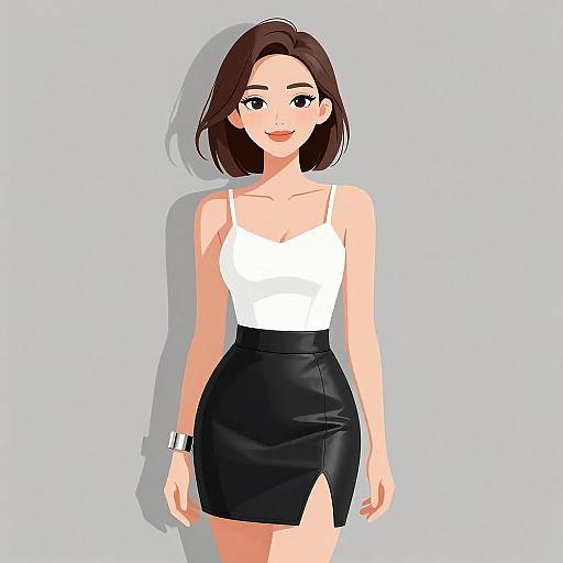Digital anime-style illustration of a smiling woman with short brown hair, wearing a white tank top and black high-waisted skirt, light gray background.