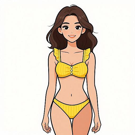Digital anime-style illustration of a smiling woman with medium-length brown hair, wearing a yellow bikini with a button detail on the top.