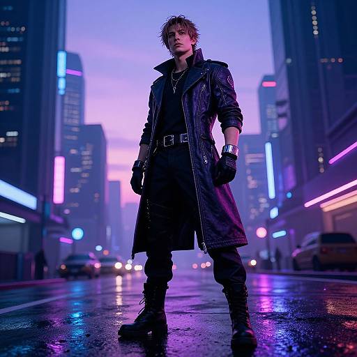 Cyberpunk cityscape photograph of a rugged, blonde, white male in a long black trench coat, black gloves, and boots, standing confidently on