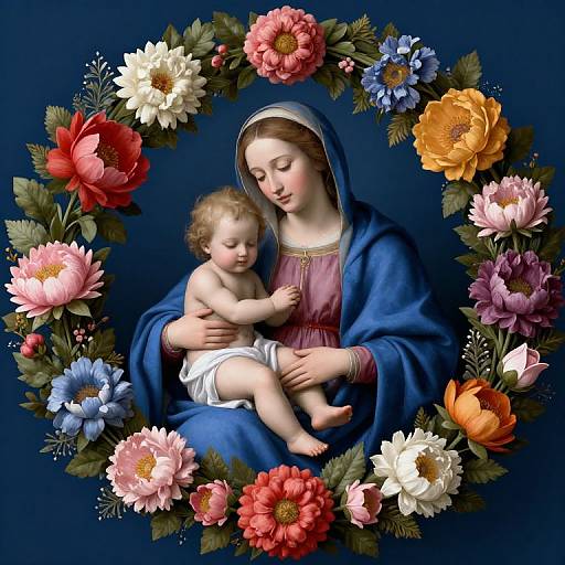 Digital artwork of the Virgin Mary in blue cloak, holding baby Jesus, framed by vibrant, colorful flowers against a dark blue background.