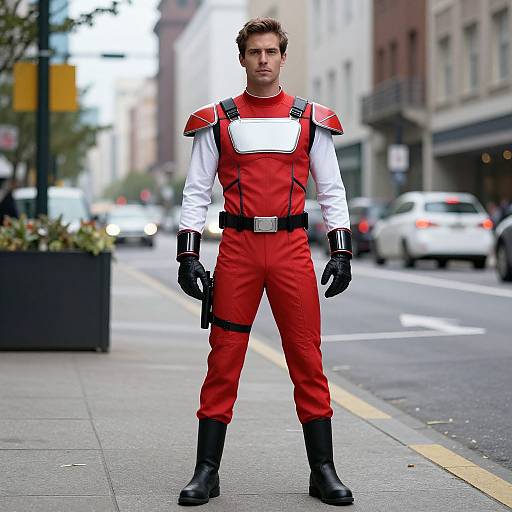 Photograph of a serious young man in a red and white superhero-style outfit with black boots and gloves, standing on a city street. Urban background with