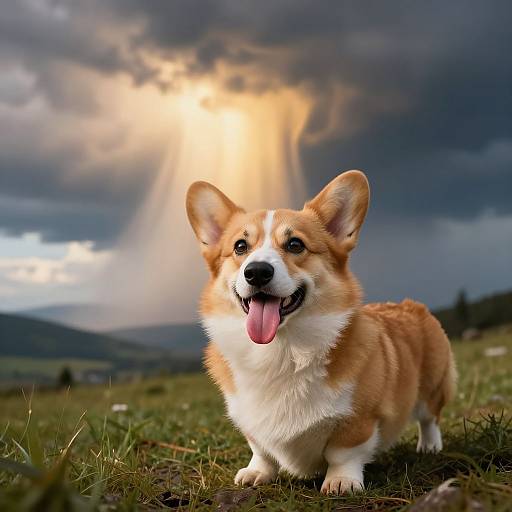 Photograph of a happy, tan and white Corgi with large ears, tongue out, standing on grass in a dramatic, sunlit, cloudy