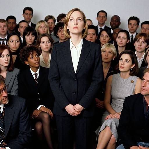 Photograph of diverse, formally dressed audience seated in rows, with a focused, blonde woman in a black pinstripe suit standing center.