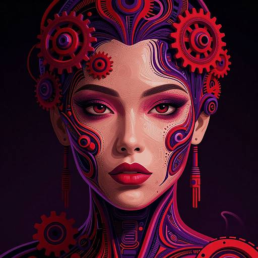 Digital art of a futuristic, cybernetic woman with vibrant red and purple gears integrated into her hair and face, intense red eyes, and bold red