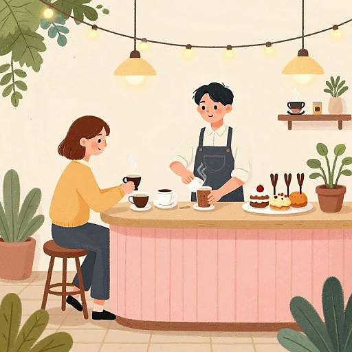 Illustration: Woman in yellow sweater sits at a pink café counter, chatting with a man in blue overalls, under string lights, surrounded by plants