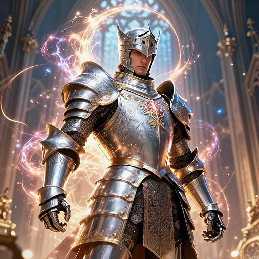 CGI image of a muscular, armored knight with glowing fire and magic aura, standing in a grand cathedral. Detailed silver armor, helmet with horns,