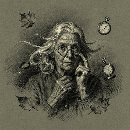 Charcoal Sketch of Elderly Woman with Floating Watches and Leaves
