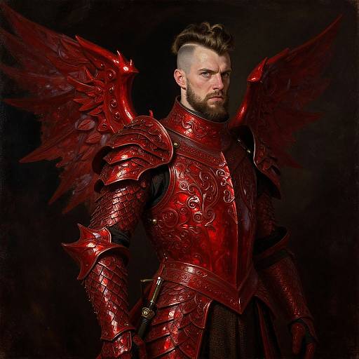Photograph of a stern, bearded man with short, styled hair, wearing detailed red, winged, medieval armor against a dark background.
