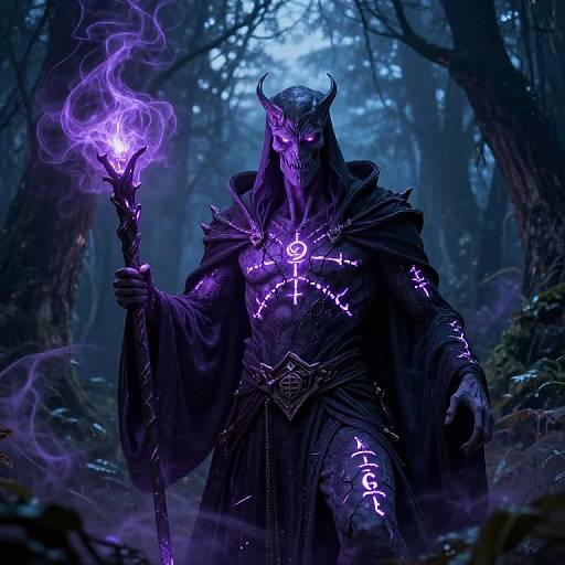 Digital artwork of a dark, glowing purple sorcerer with horned helmet, holding a fiery staff, in a mystical forest.