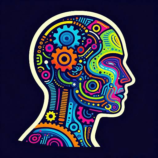 Colorful, abstract digital illustration of a human head silhouette filled with vibrant, interlocking gears and patterns on a black background.