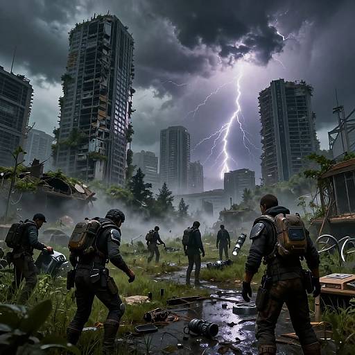 Photorealistic digital artwork of soldiers in tactical gear navigating a ruined, stormy cityscape with tall, damaged skyscrapers and lightning bolts.