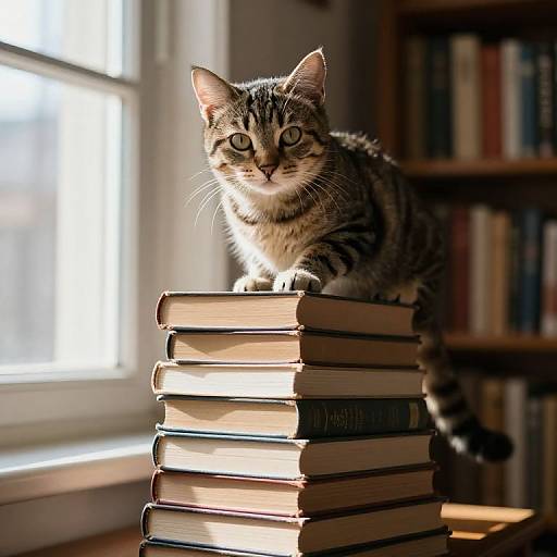 Curious Tabby Cat on Book Pyramid