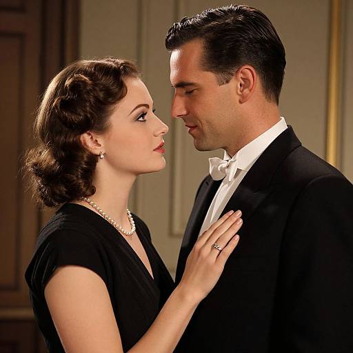 Vintage-style photograph of a fair-skinned woman with dark hair in an updo, wearing a black dress and pearl necklace, gently touching a dark-haired