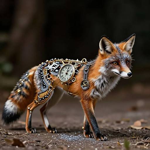 Photograph of a realistic, digitally altered red fox with intricate, steampunk-style gears and clockwork mechanisms on its body, standing in a dark
