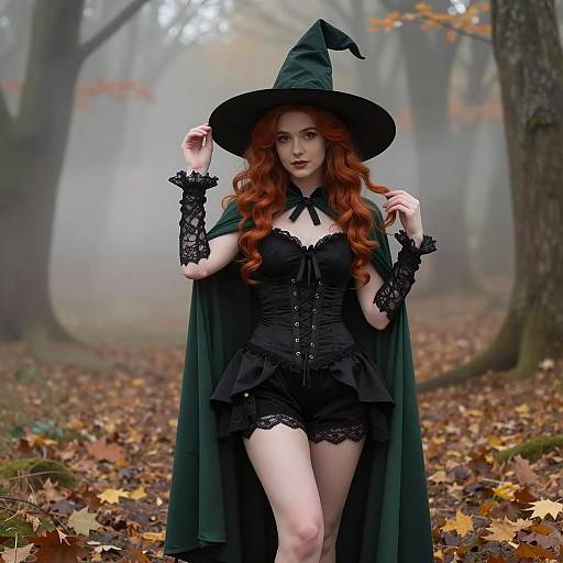 Young Woman in Winifred Witch Costume in Misty Forest