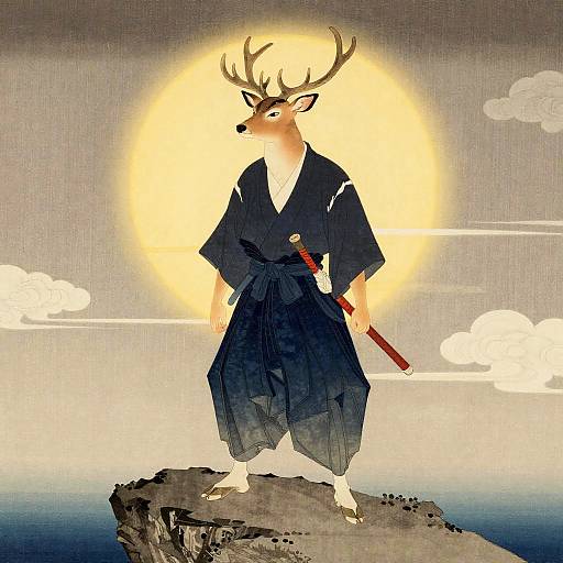 Samurai Deer in Ukiyo-e Style