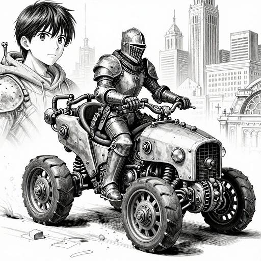 Black-and-white manga-style drawing of a medieval knight in armor riding a futuristic all-terrain vehicle, with a youthful character's face in the background,