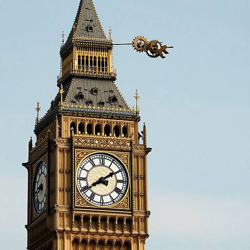 Photograph of the iconic Big Ben clock tower with a golden lion statue hanging from the top, against a clear blue sky.