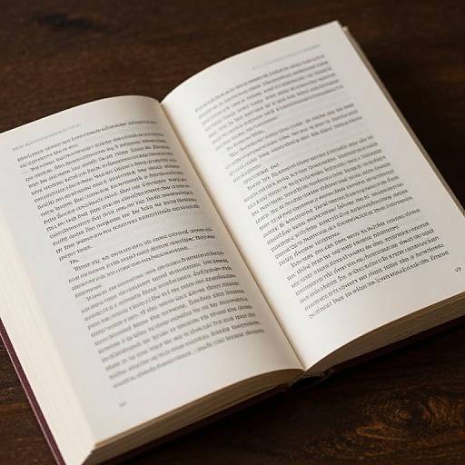 Photograph of an open book on a dark wooden table, showing two pages filled with black text on white paper.