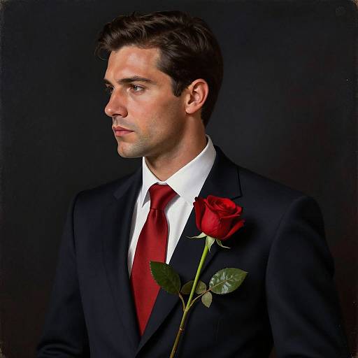 Photograph of a handsome, fair-skinned man with dark hair, in a black suit, white shirt, red tie, and holding a red rose