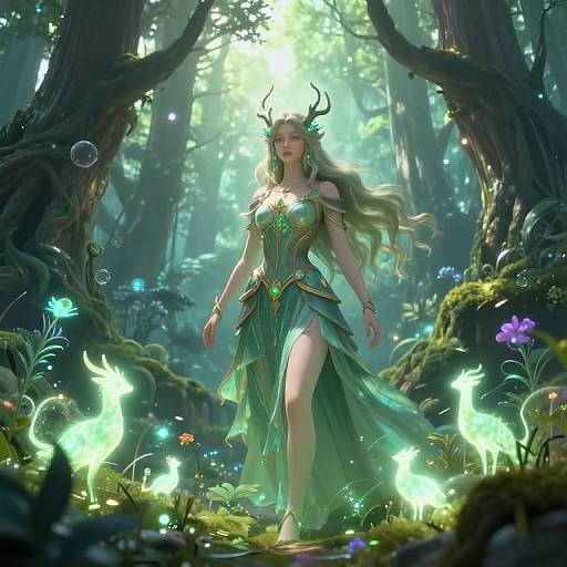 Digital fantasy art of a serene, fair-skinned, horned elf woman in a green, leafy dress, surrounded by glowing fireflies in a