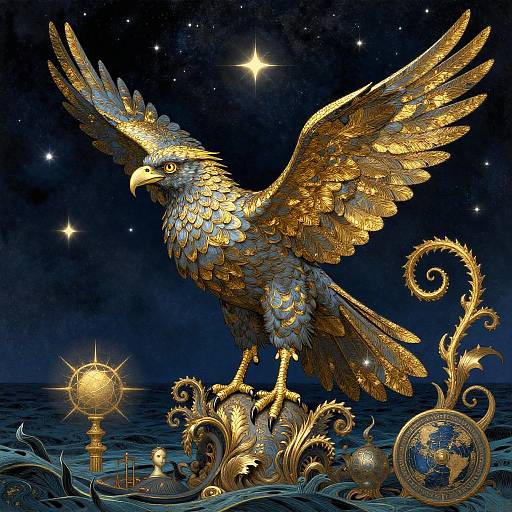 Glorious golden eagle with outstretched wings stands on ornate pedestal, surrounded by celestial objects and stars in a dark, starry night sky