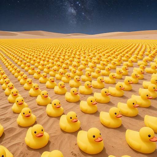 Photograph of a vast desert field under a starry night sky, filled with bright yellow rubber ducks evenly spaced on sandy dunes.