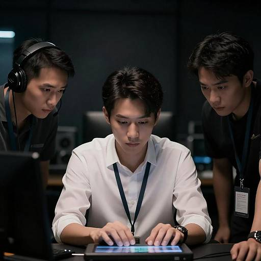 Three Men in Dimly Lit Room